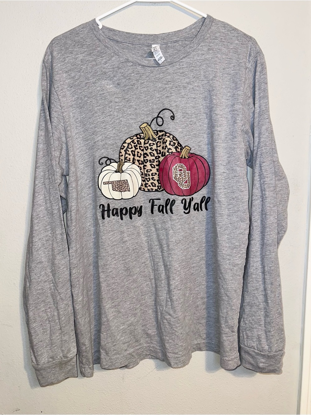 Bella Canvas OU Sooners Gray Long-Sleeve 'Happy Fall Y'all' Pumpkin Tee Oklahoma